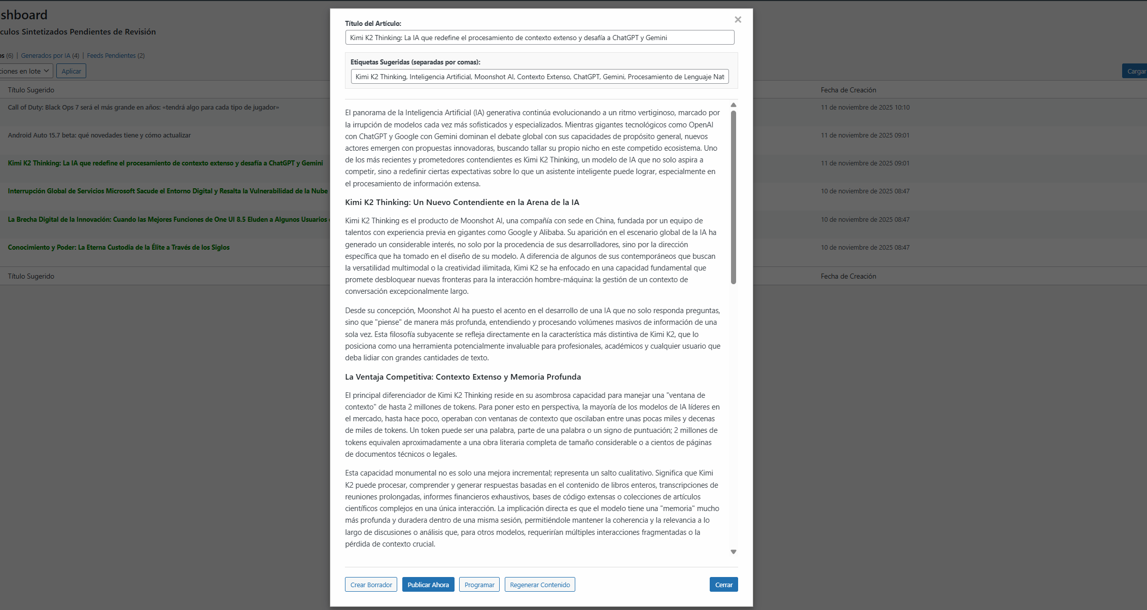 Content editing and generation modal window